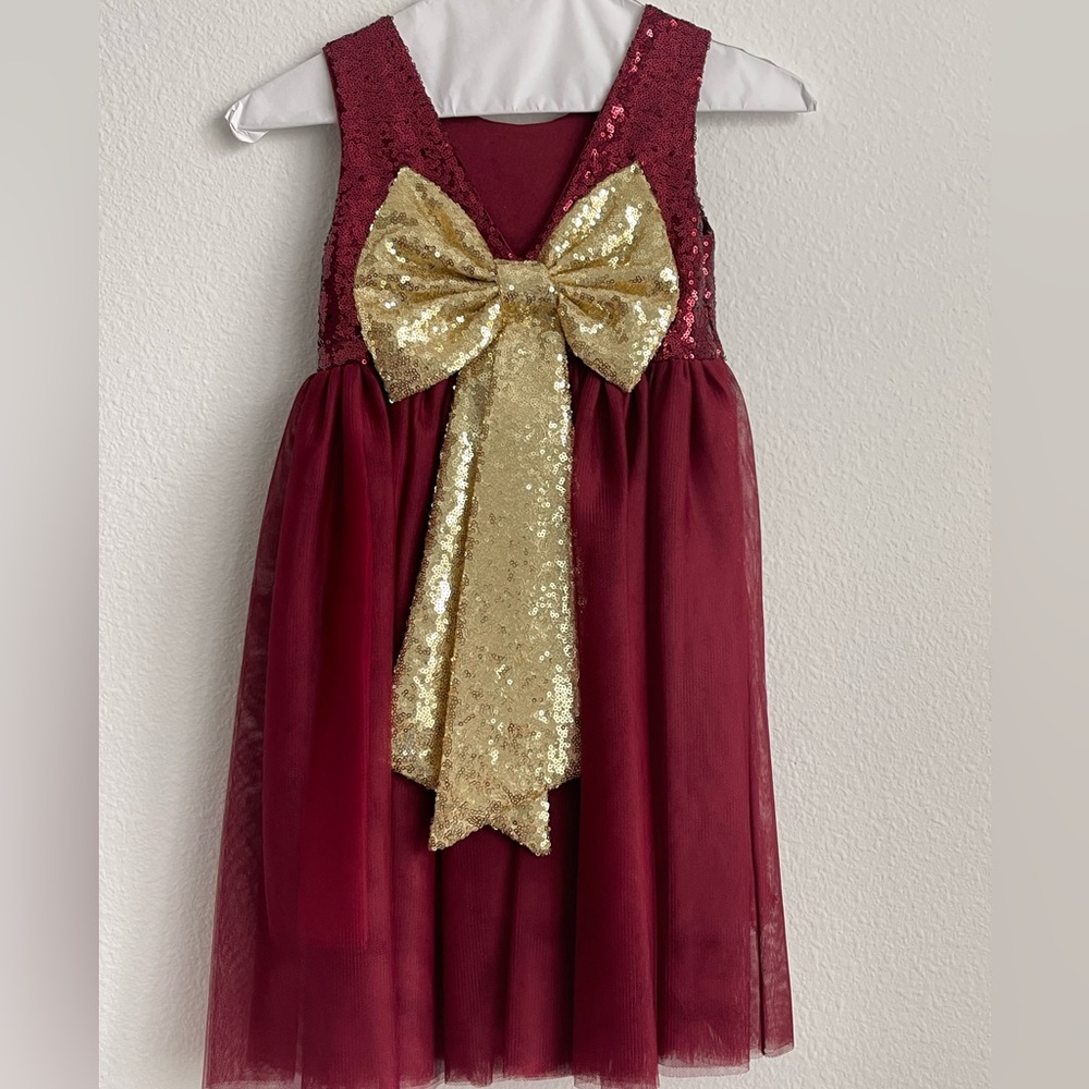 Burgundy Dress with Gold Sequin Bow